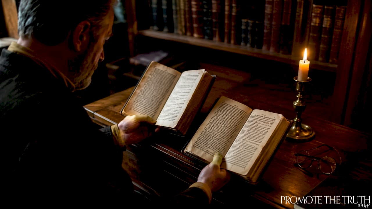 Hands holding ancient scripture books on oak table