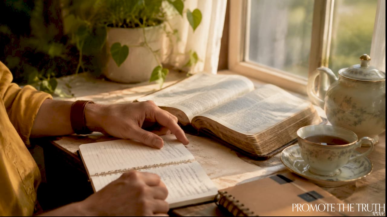 Person writing Bible study notes at home