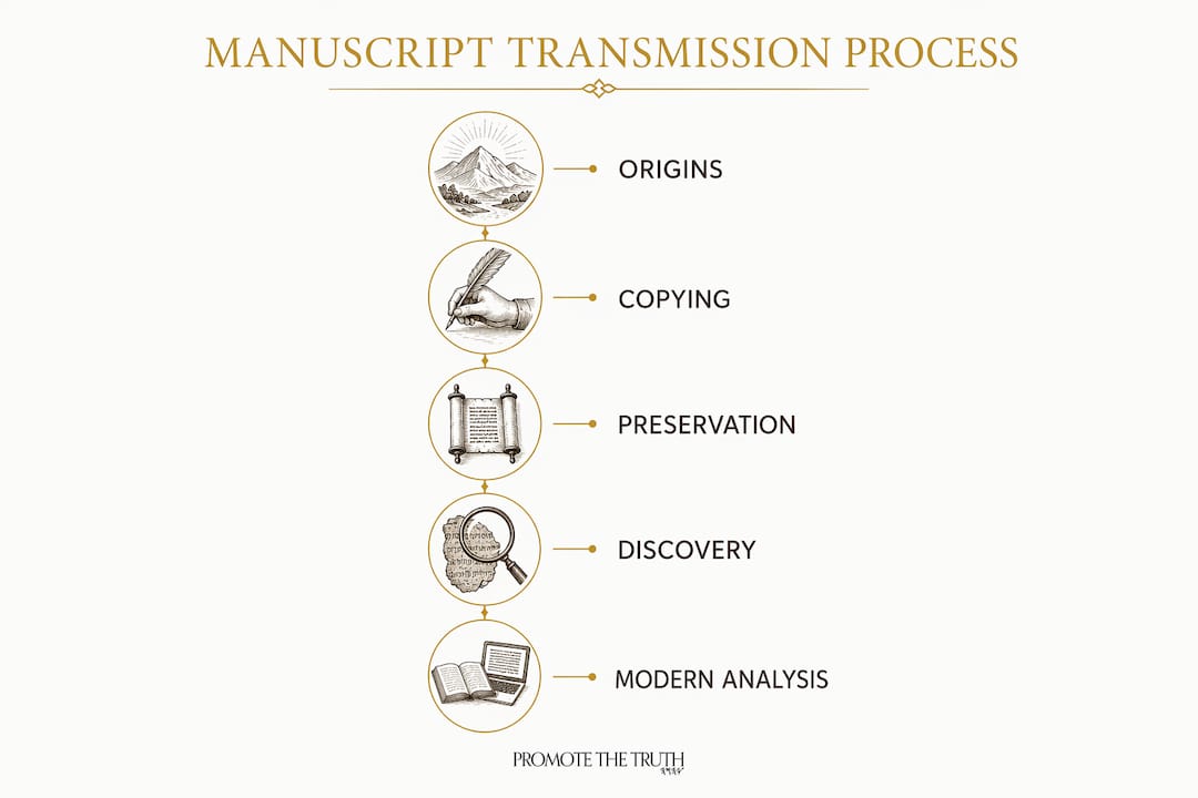 Infographic illustrating stages of biblical manuscript transmission process