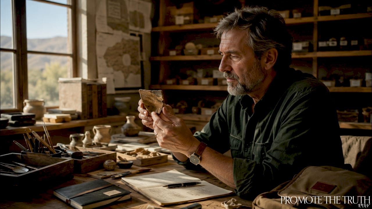 Archaeologist examining ancient pottery shard in lab