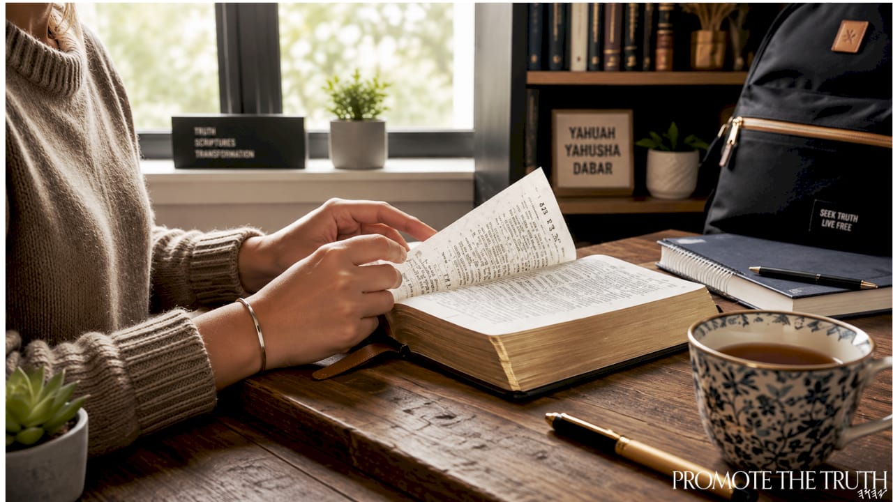 Hands flipping Bible pages at study desk