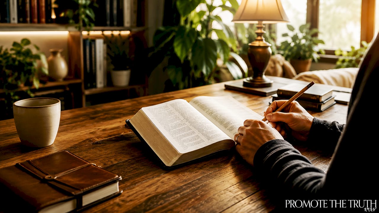Hands underlining verse with study materials overhead