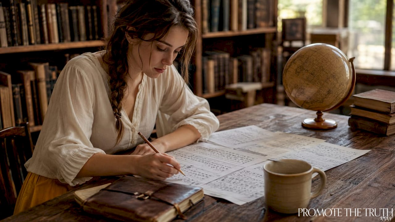 Linguist analyzing Hebrew grammar sheets