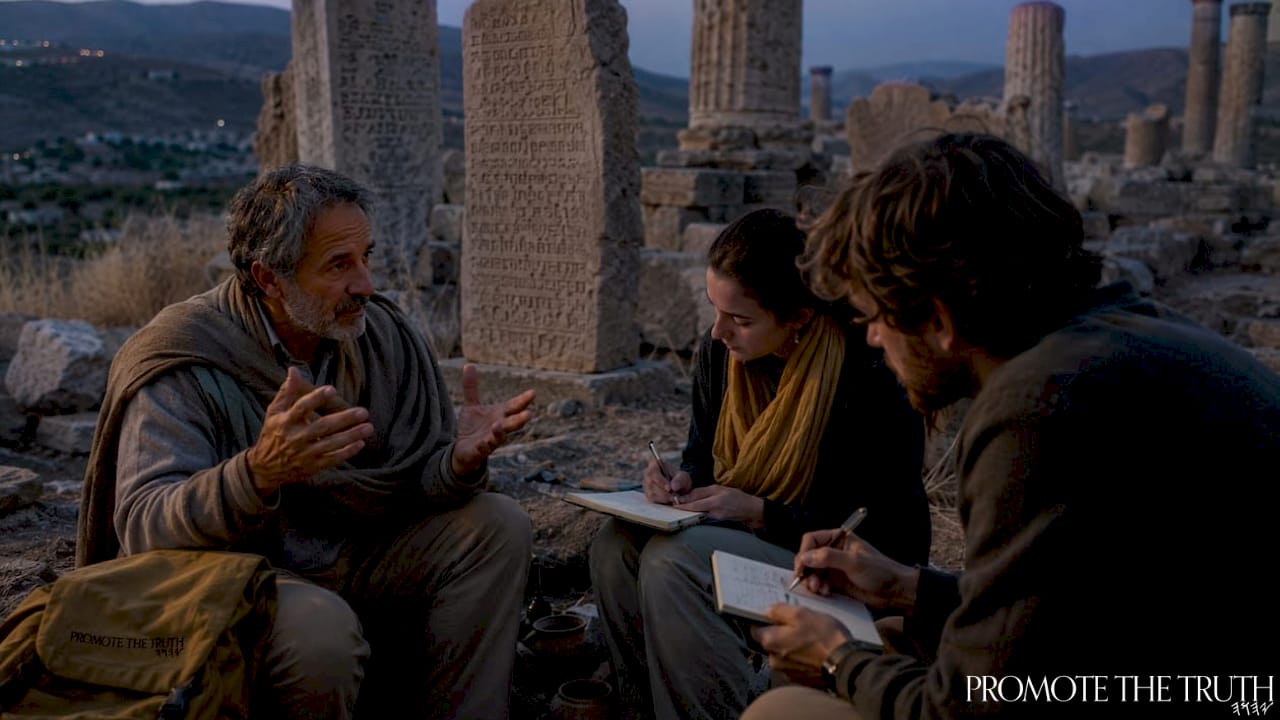 Professor discussing ancient divine council ruins