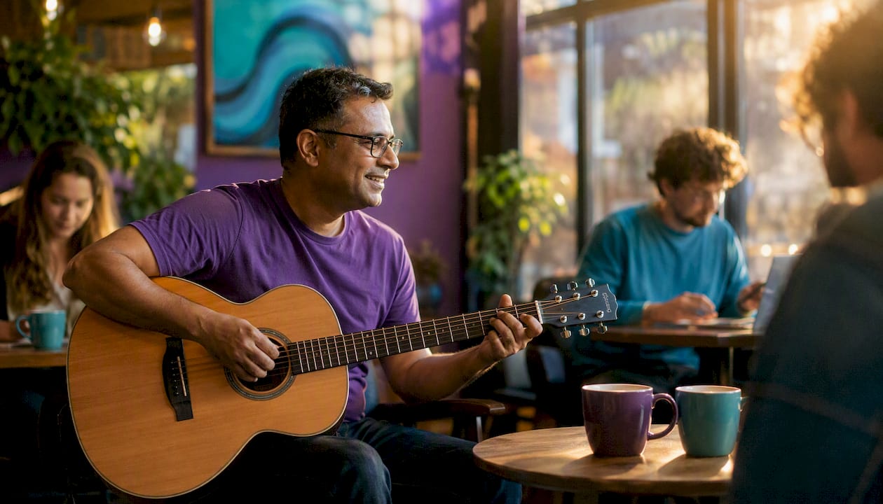Hands playing guitar in study setting