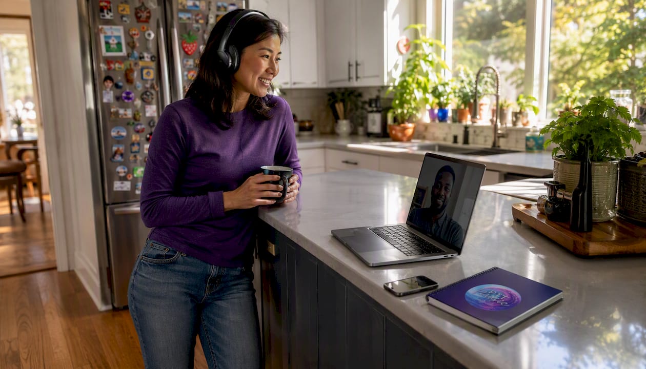 Remote worker enjoying gratitude playlist during virtual meeting