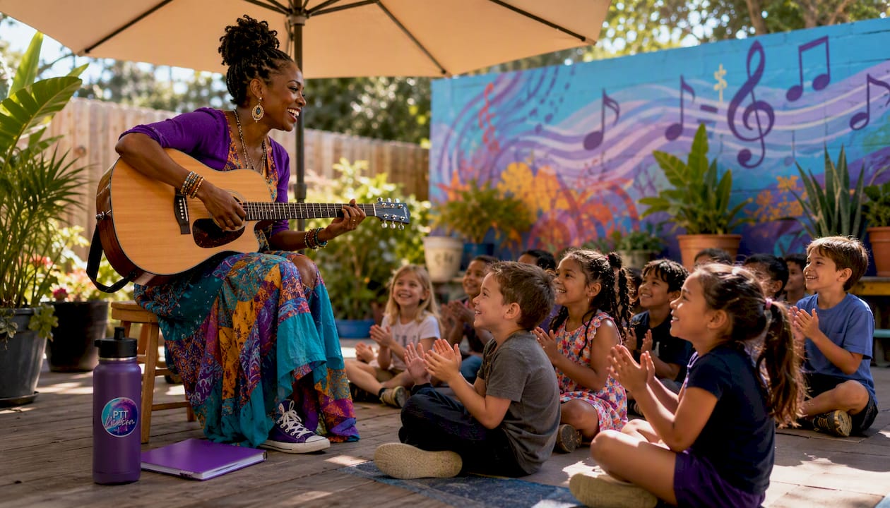 Teacher playing gratitude songs to children in class