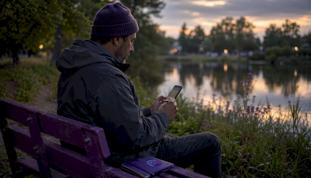 Man jotting ideas to interrupt harsh self-talk outdoors