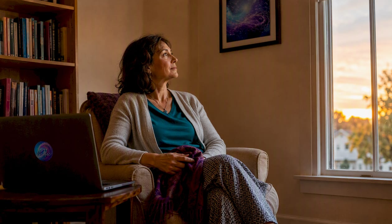 Woman taking mindful break in office