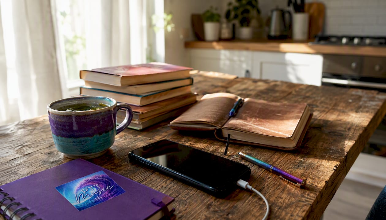 Morning bedside table with music setup
