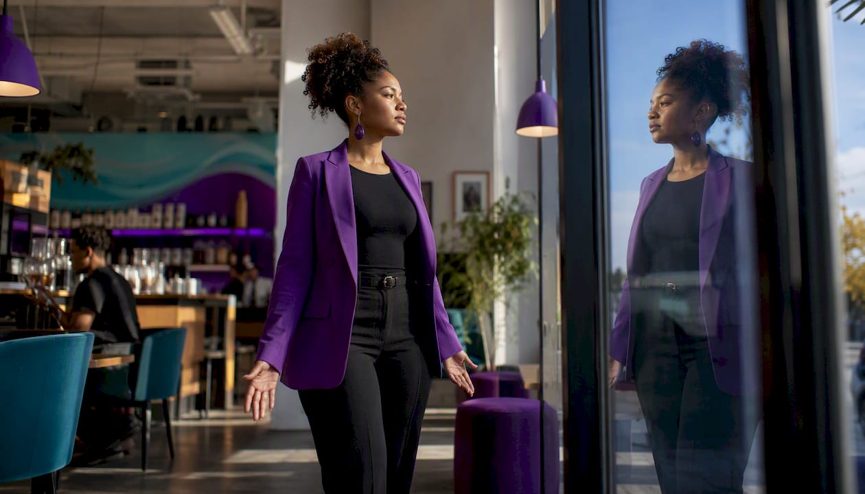 Woman practicing assertive body language in office