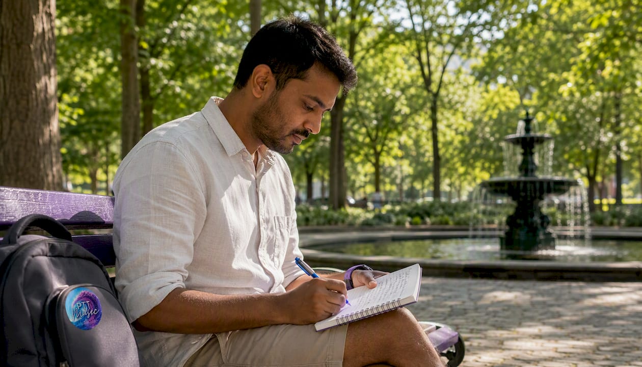 Man writing assertiveness practice notes at café