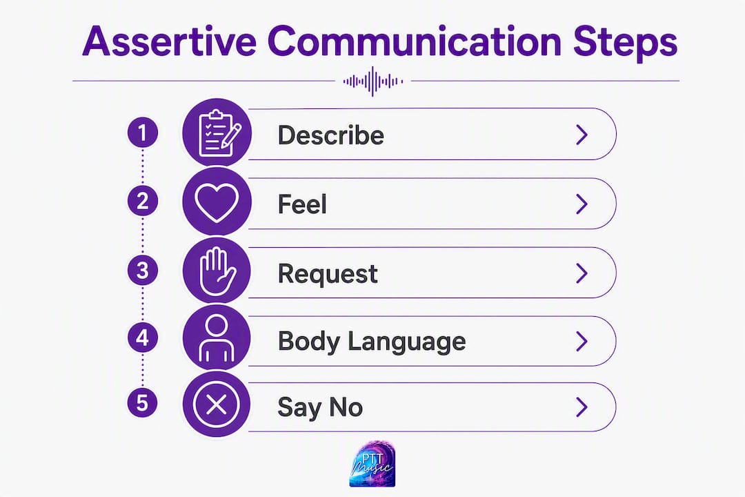 Infographic of assertive communication practical steps