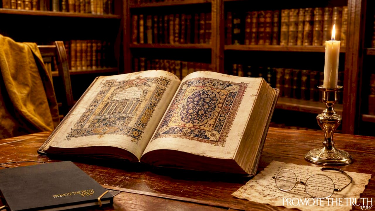 Close-up of ancient Hebrew manuscript and reading glasses