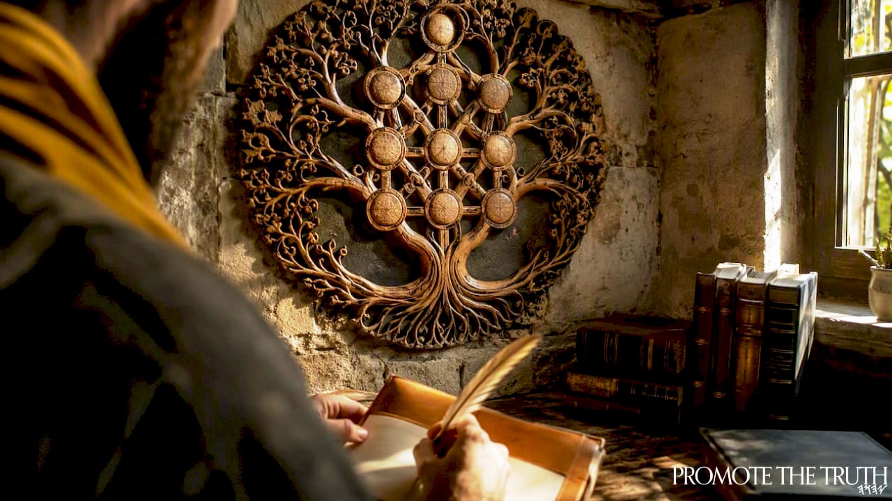 Wooden Tree of Life carving with study notes in foreground