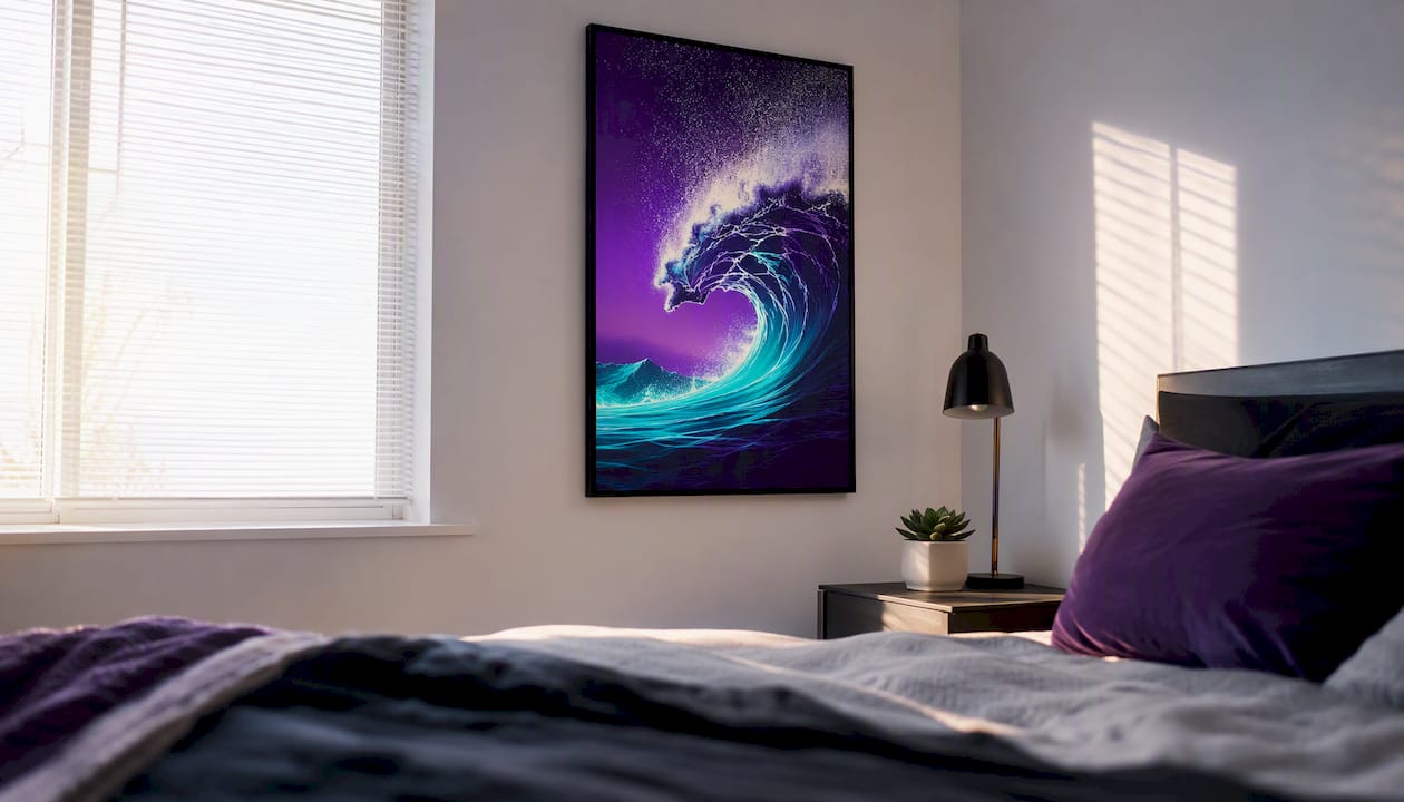 Framed 18x24 poster on bedroom wall