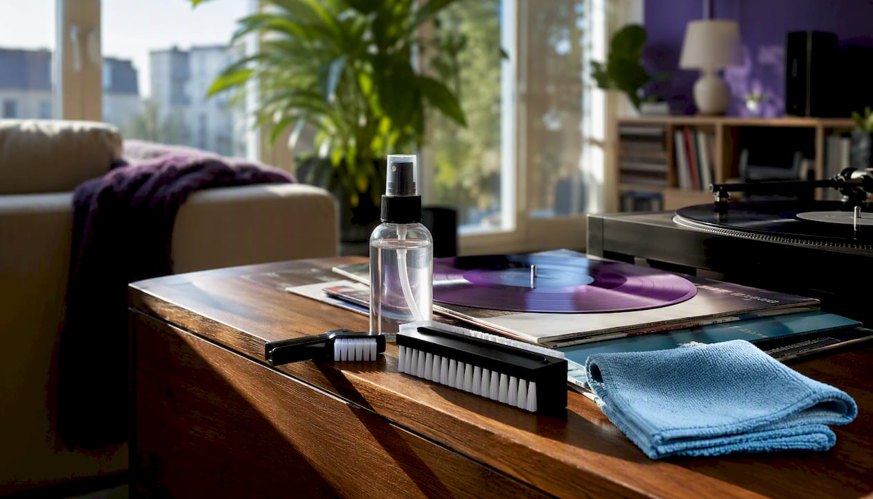 Vinyl record cleaning kit on table