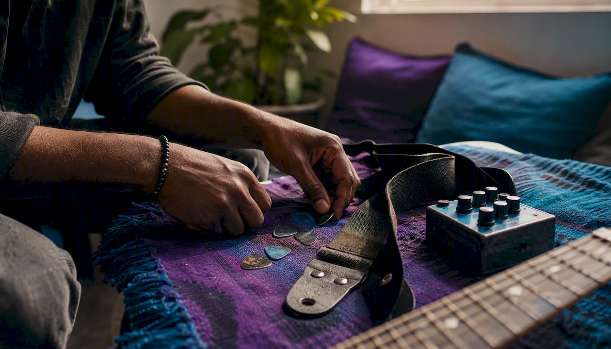 Hands arranging guitar accessories on table