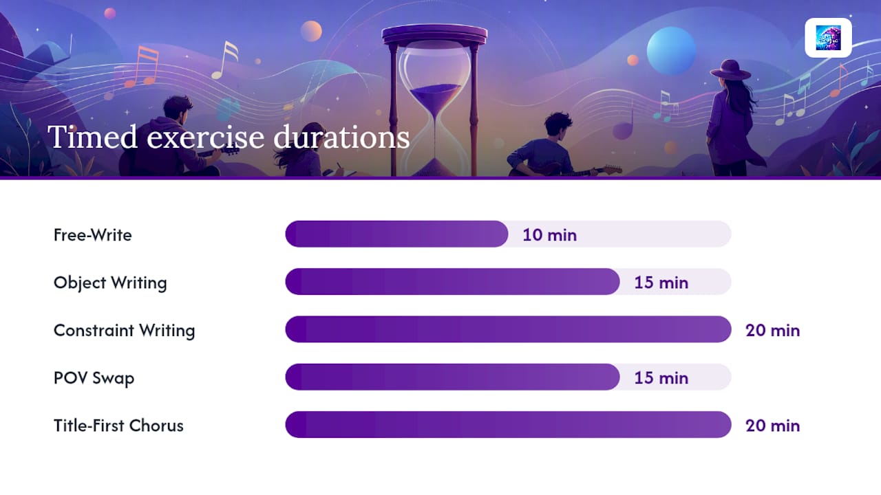 Five timed exercises that turn a prompt into a real lyric — overview diagram