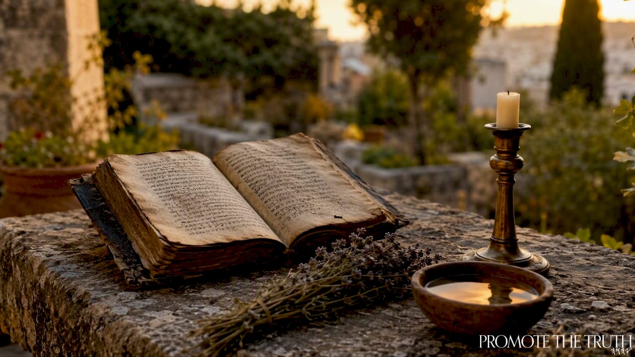 Ancient codex and candlelight study scene