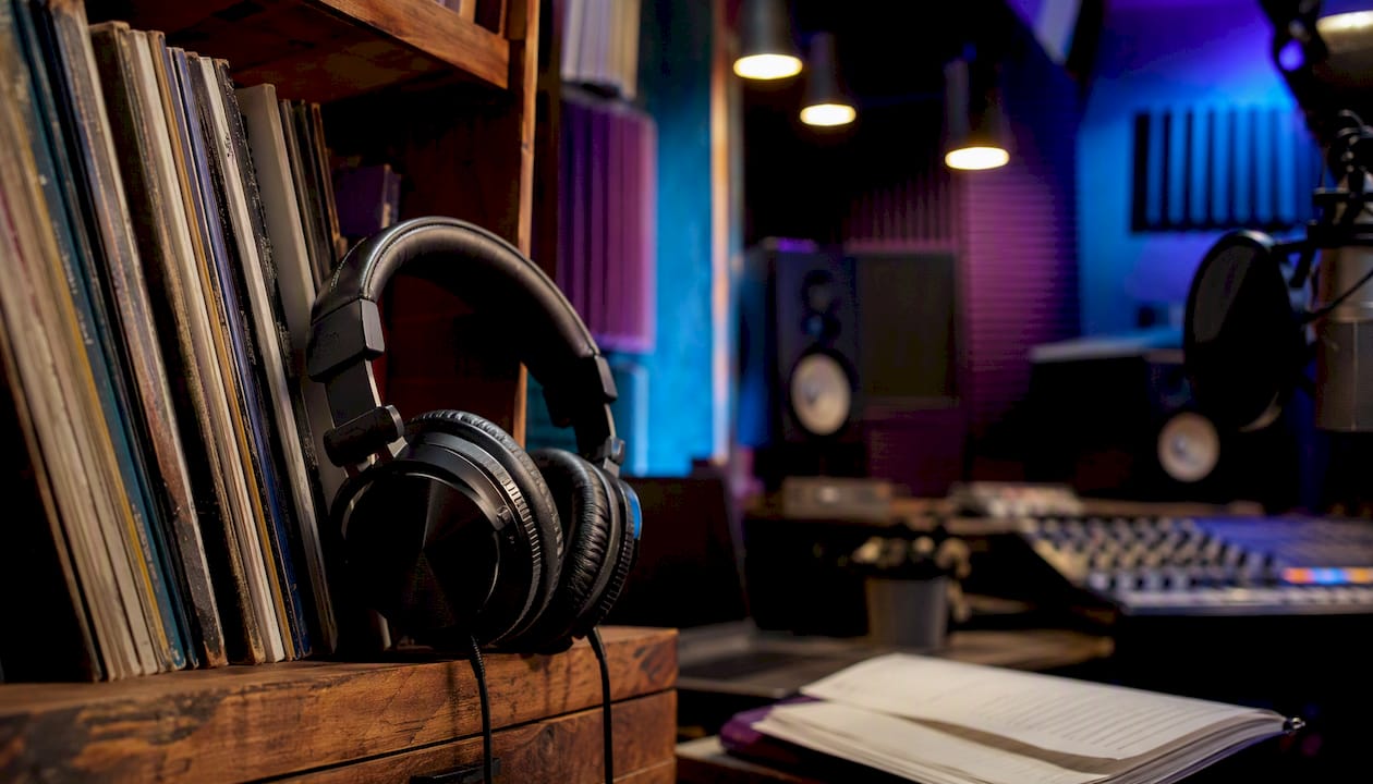 Headphones resting on mixing console in music studio