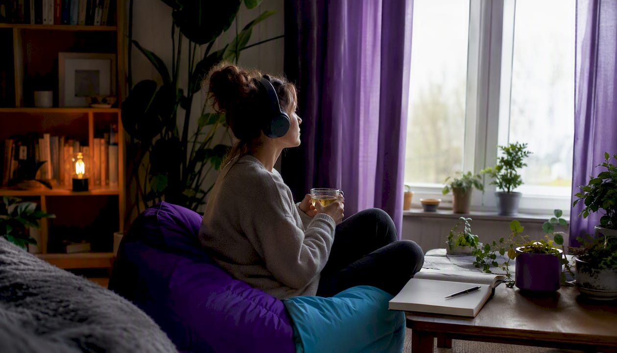 Person quietly reflecting while listening to music