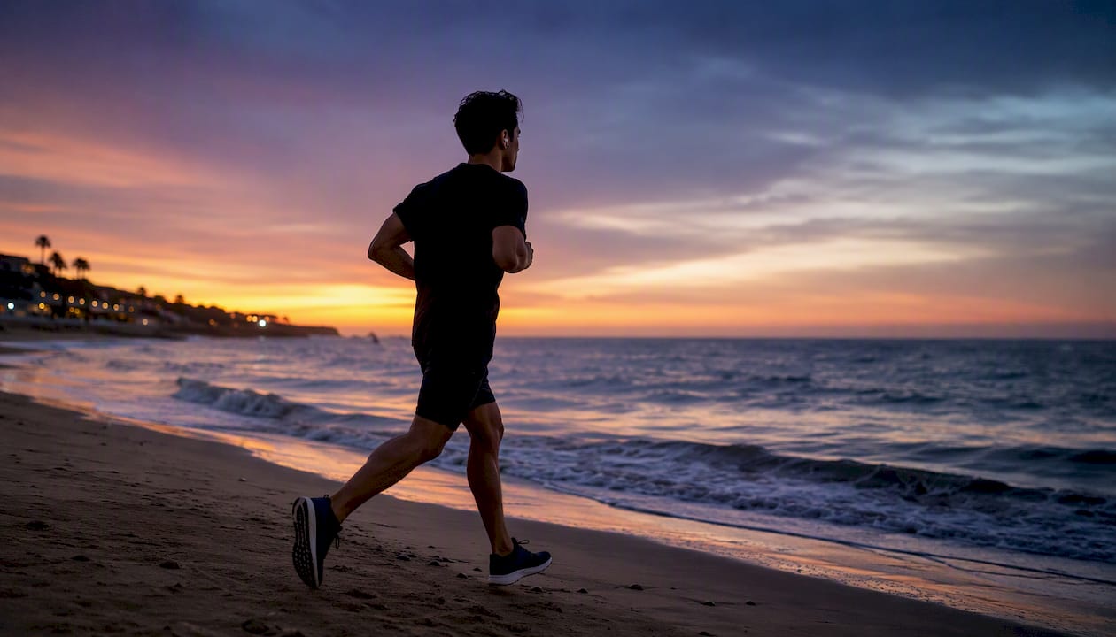 Jogger moving rhythmically on forest trail with earbuds