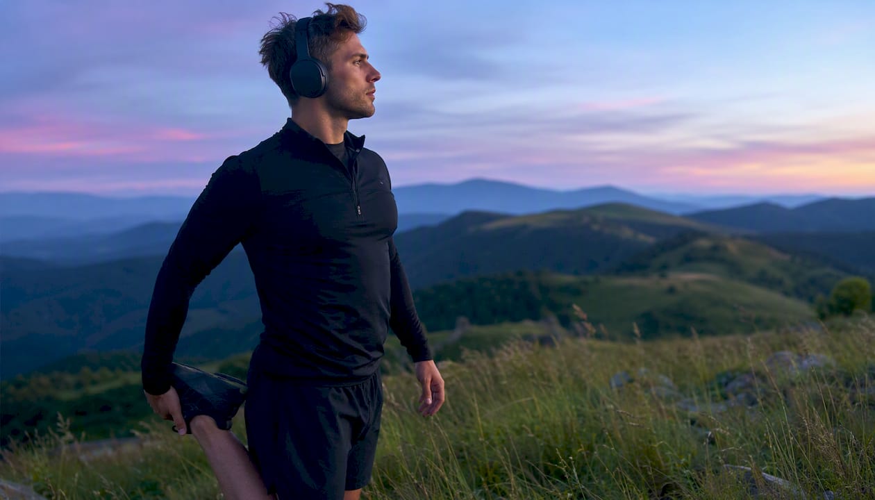 Runner tying shoes preparing for workout with headphones