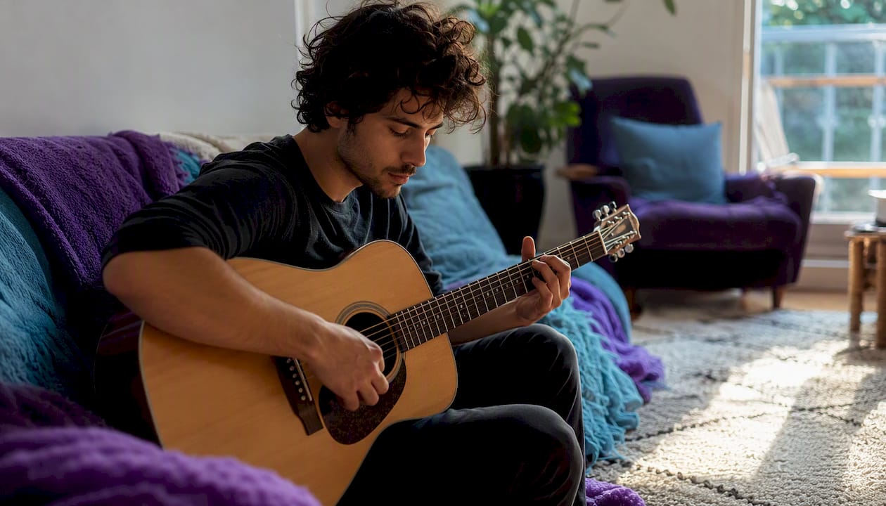 Person quietly holding guitar indoors in cozy setting