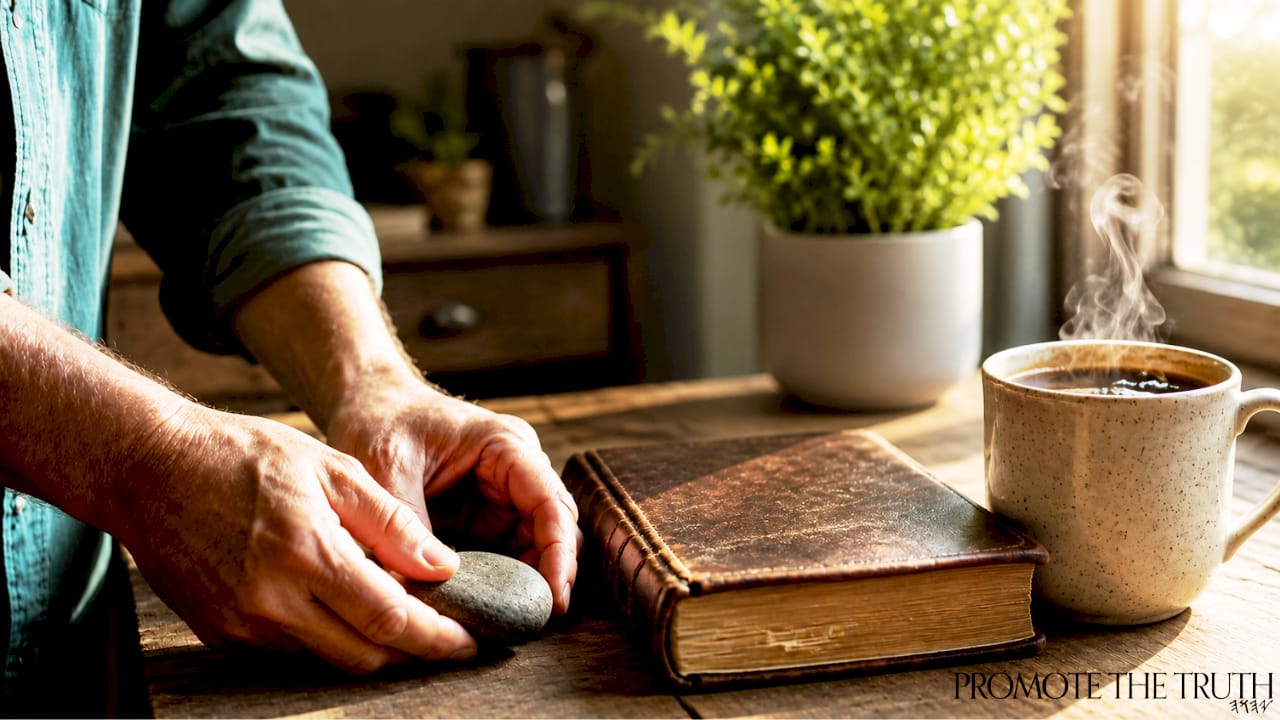 Hands holding stone during morning prayer ritual