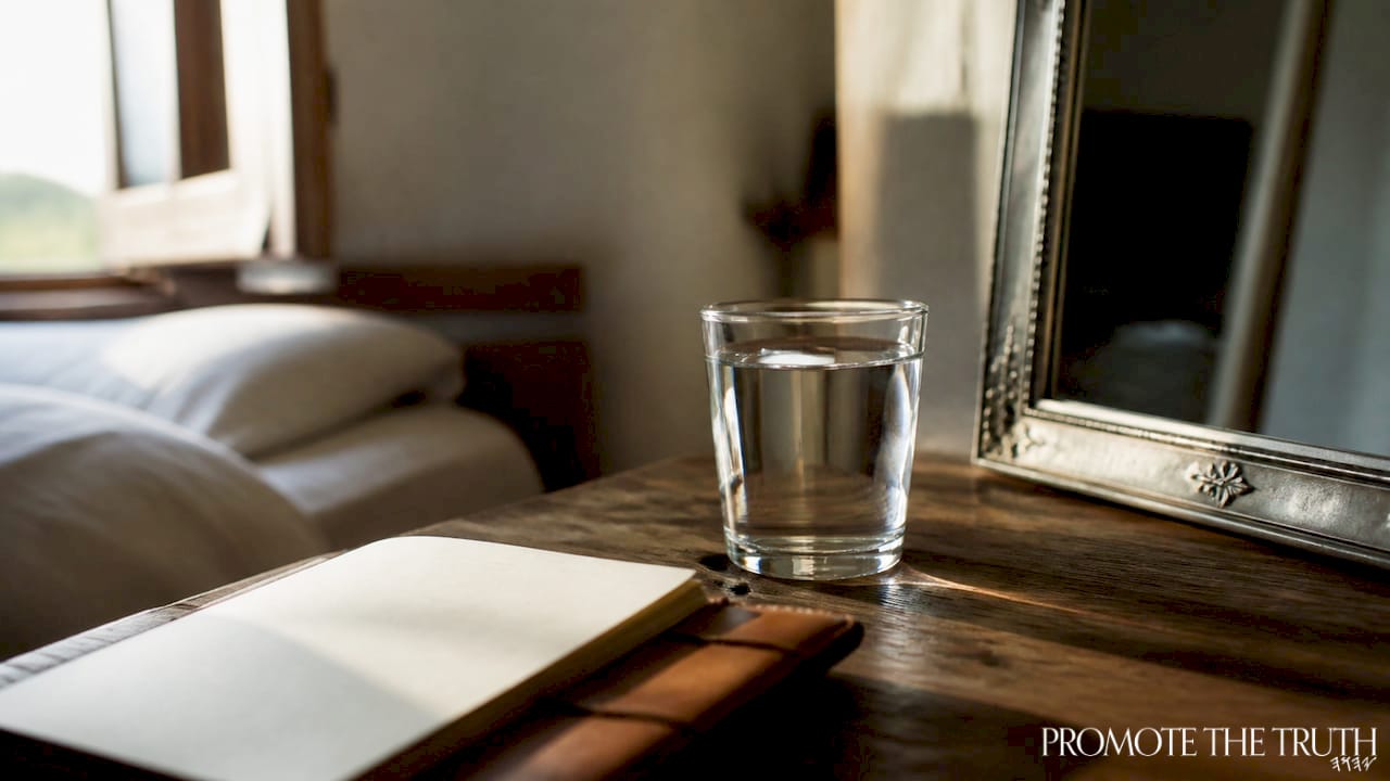Glass of water and journal on bedside table