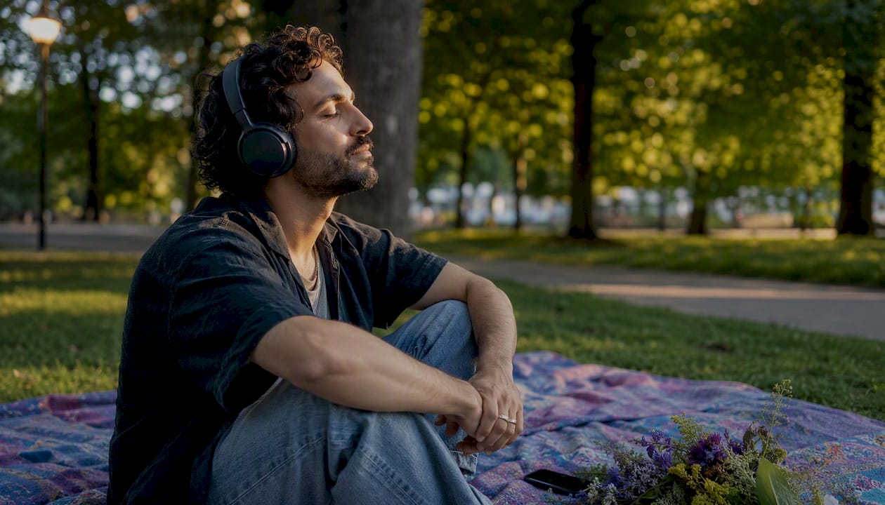 Person emotionally engaged listening to music outdoors