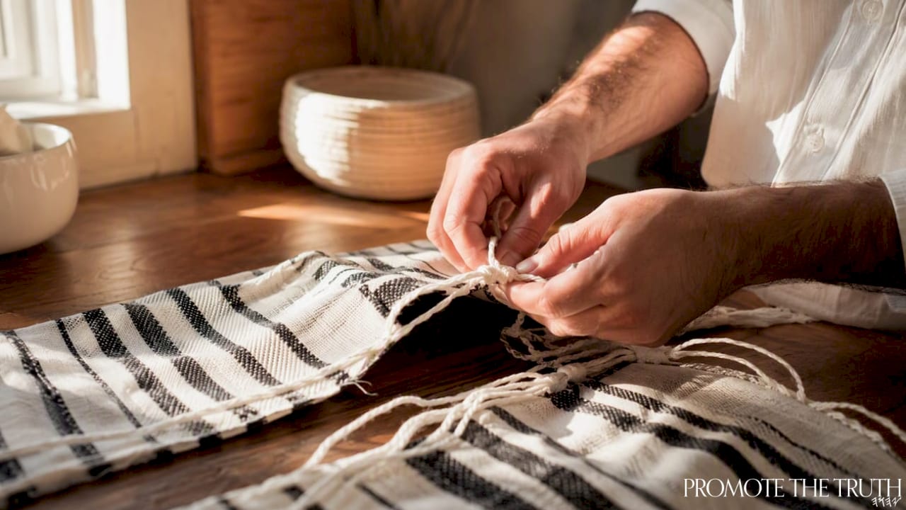 Hands tying ritual tassels on garment