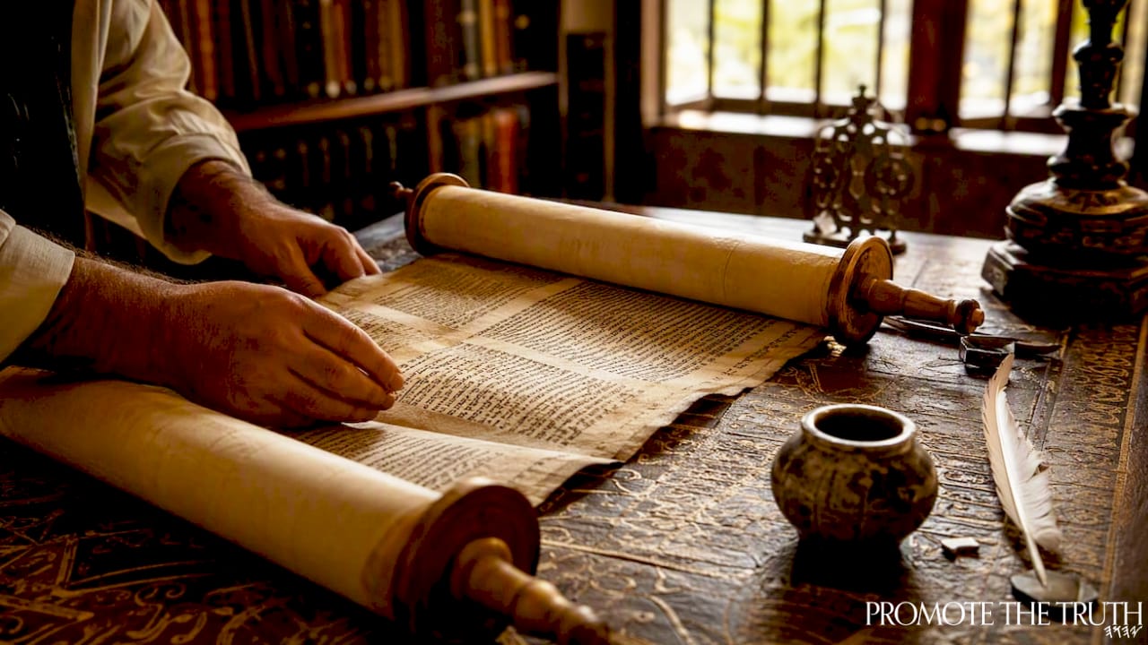 Open ancient Hebrew manuscript in warm study space