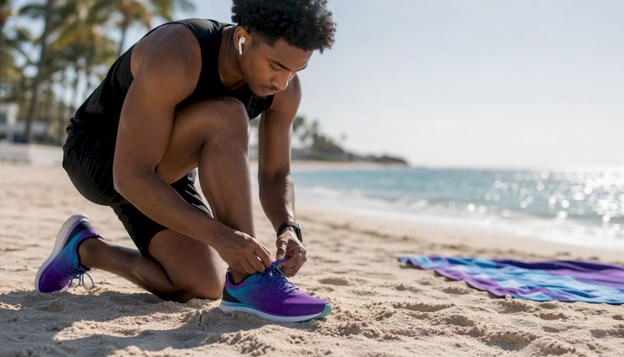 Athlete tying running shoes with earbuds