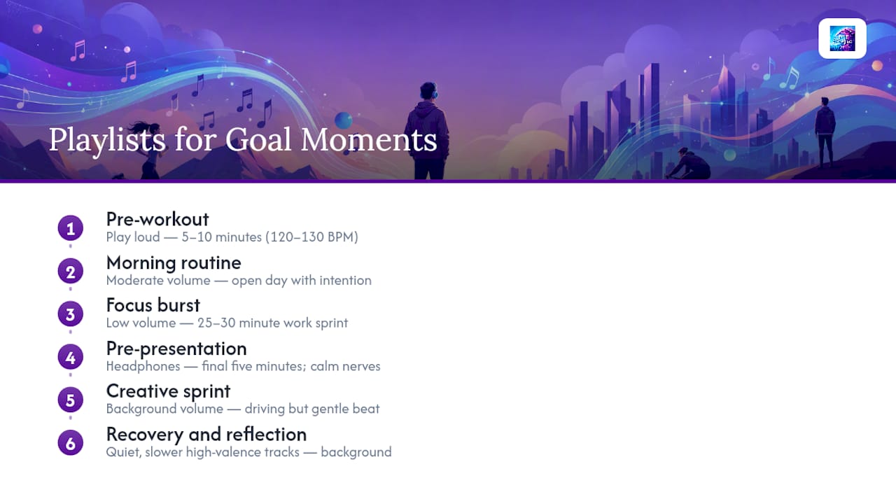 Icons representing six motivational playlists and uses
