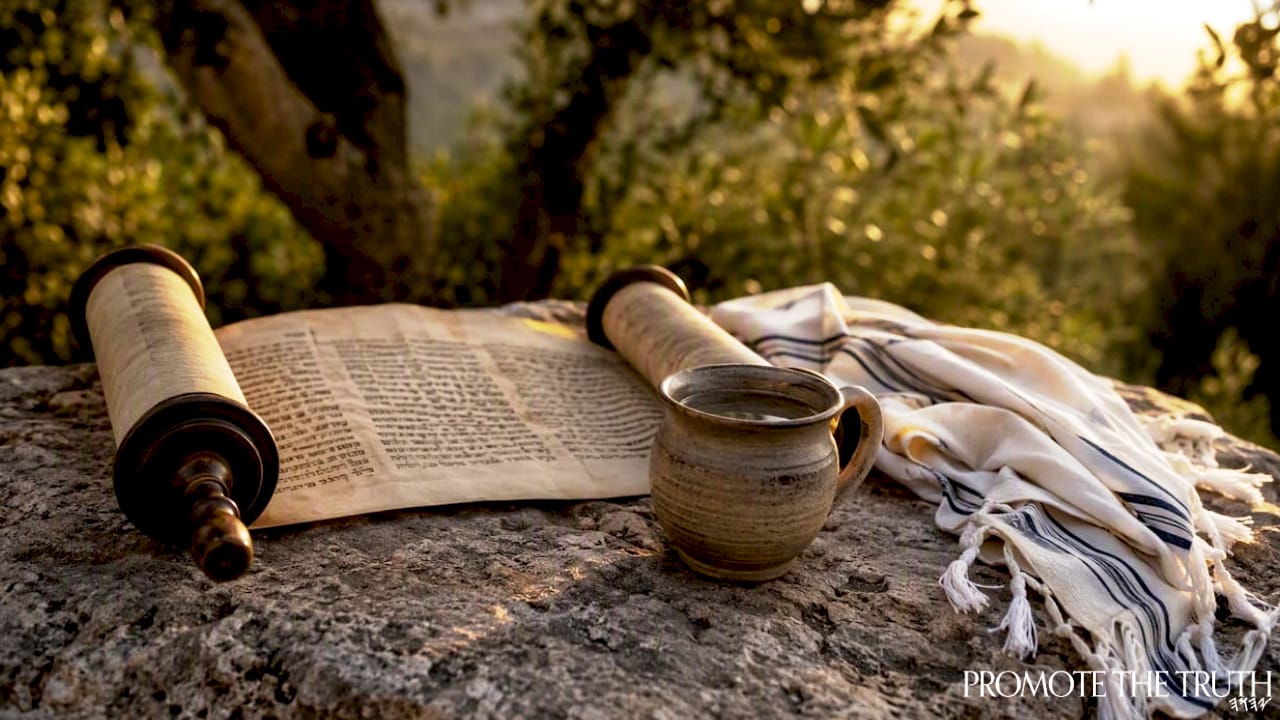 Ancient Hebrew text with prayer shawl and cup