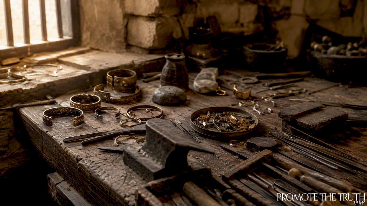 Ancient metalworking and jewelry tools on bench