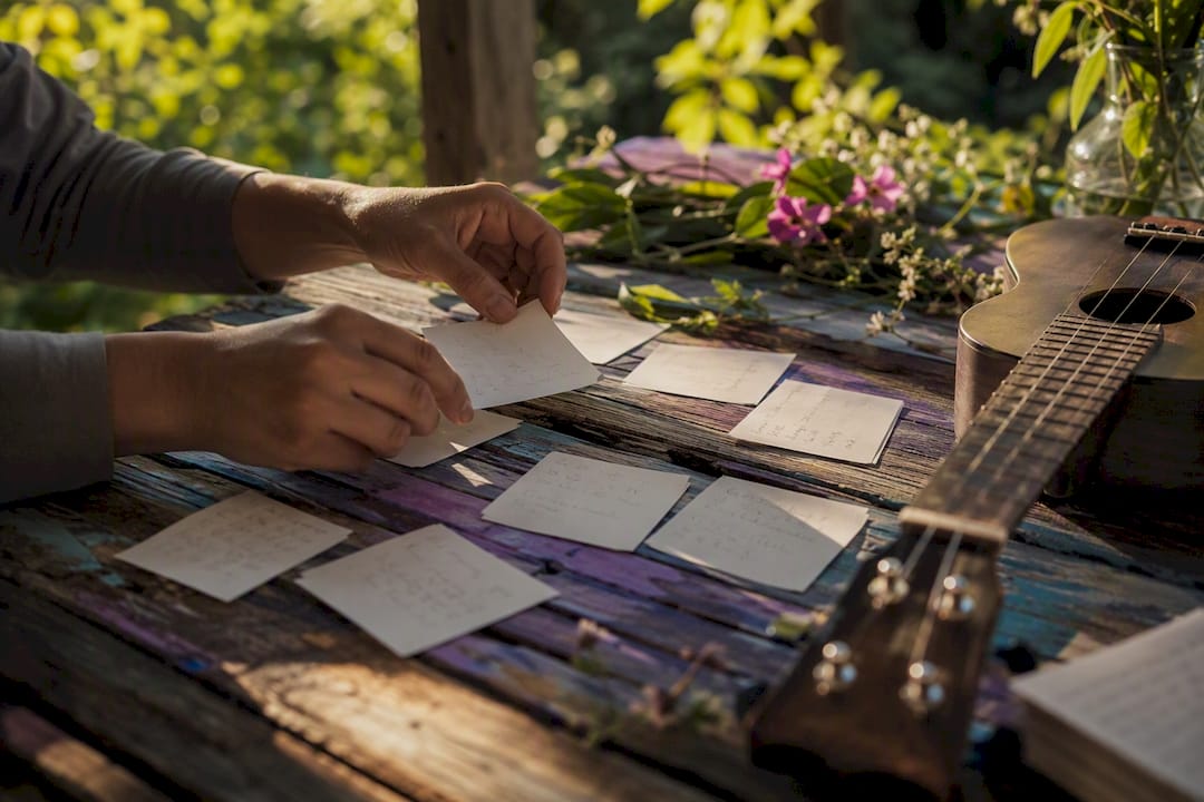 Hands arranging lyric cards for songwriting