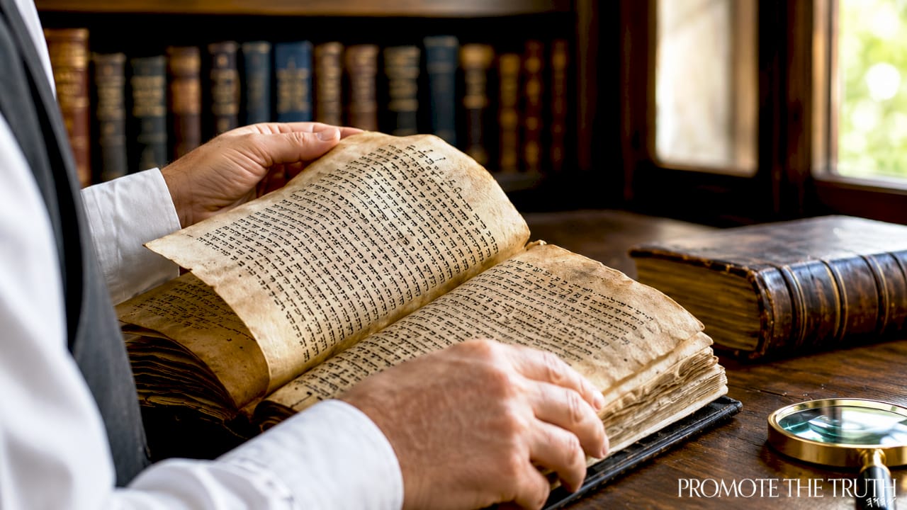 Hands turning ancient manuscript pages