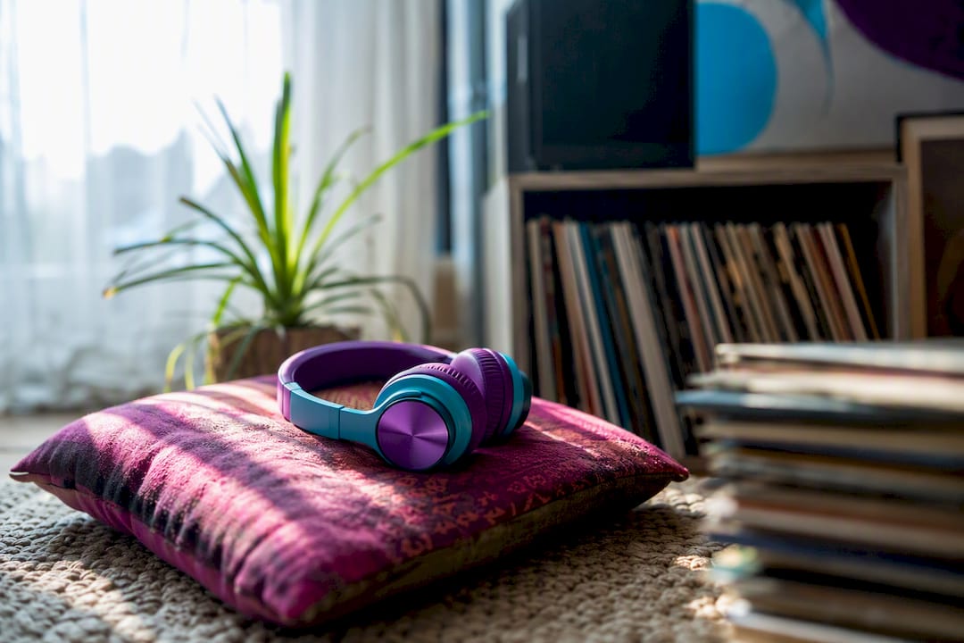 Headphones on table for music listening