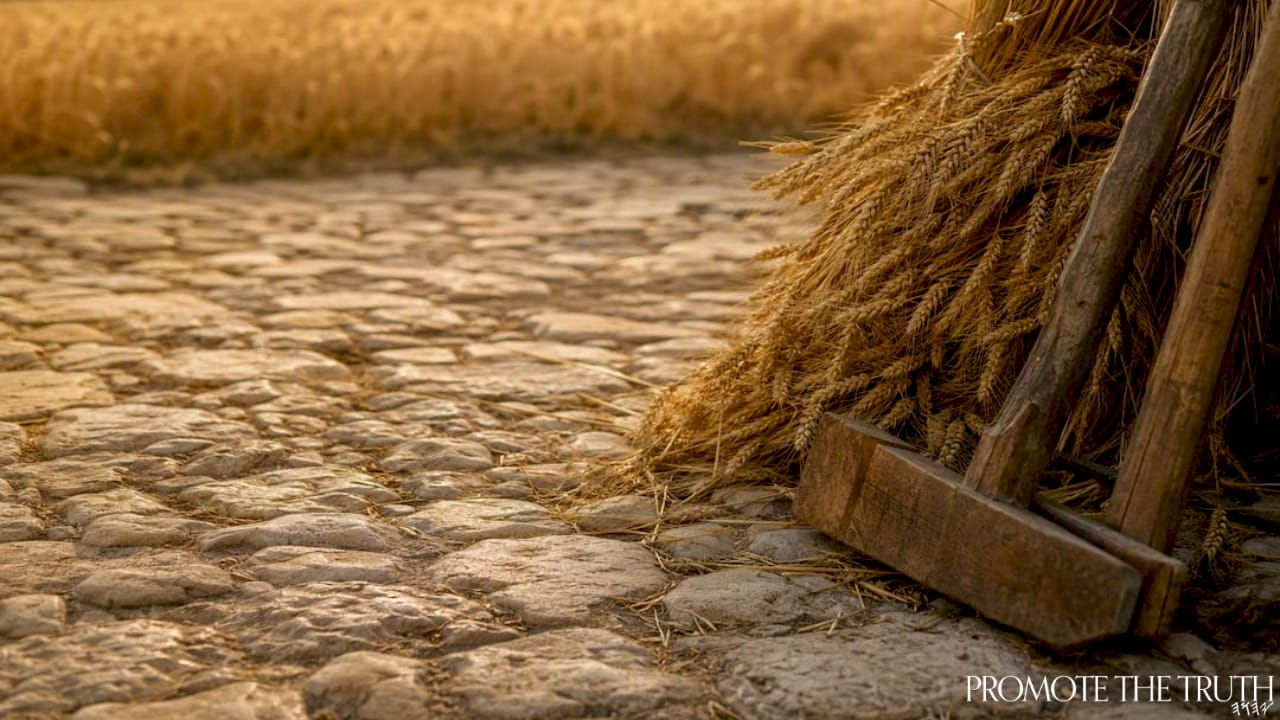 Ancient threshing floor with wheat in the sun