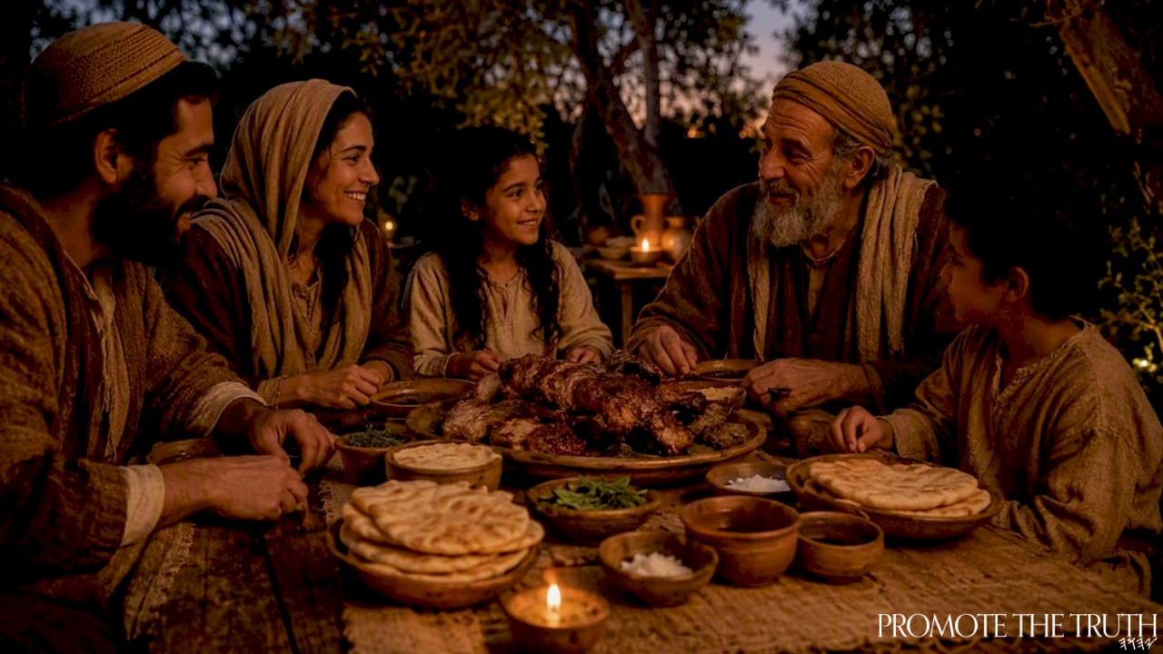 Ancient-style family meal with lamb and bread