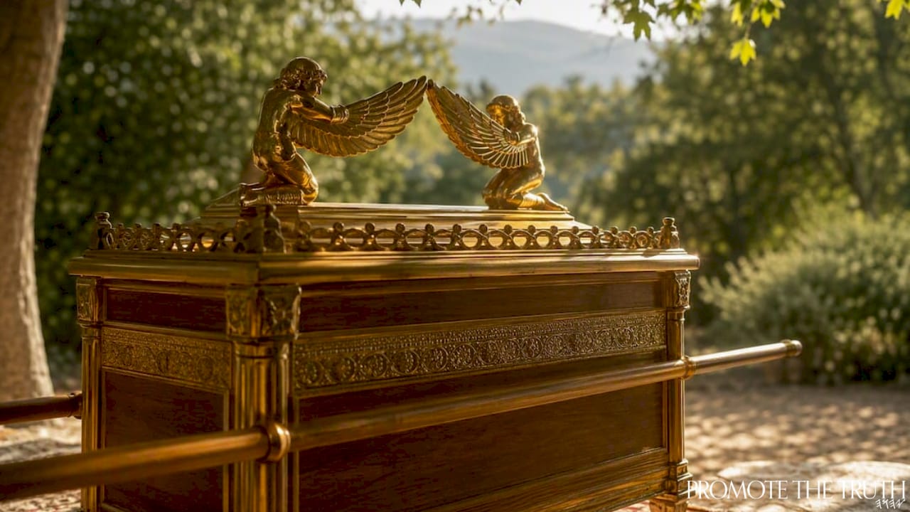 Wooden Ark of Covenant replica with golden cherubim