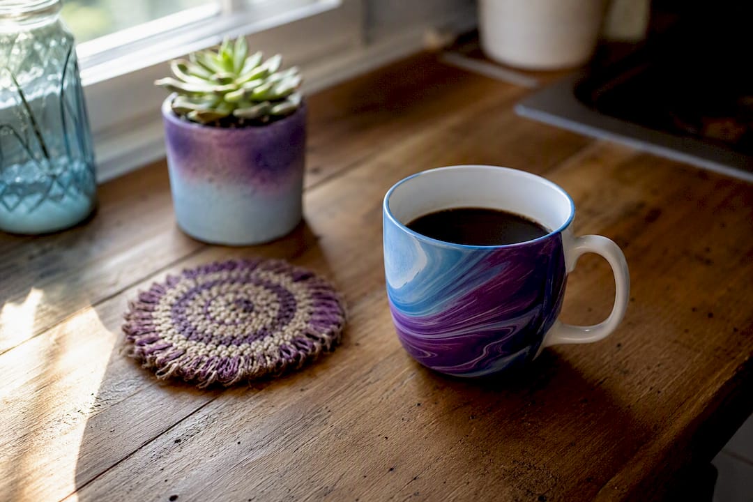 Coffee mug on office desk showing personality