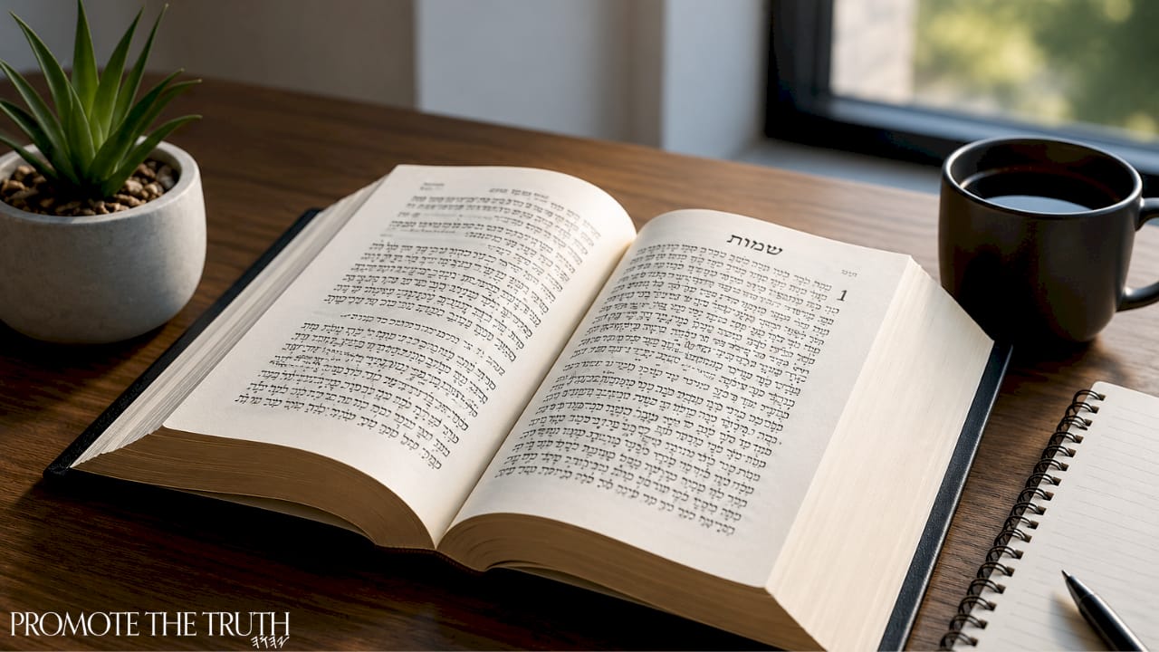 Open Hebrew Bible at Exodus 3 on wooden table