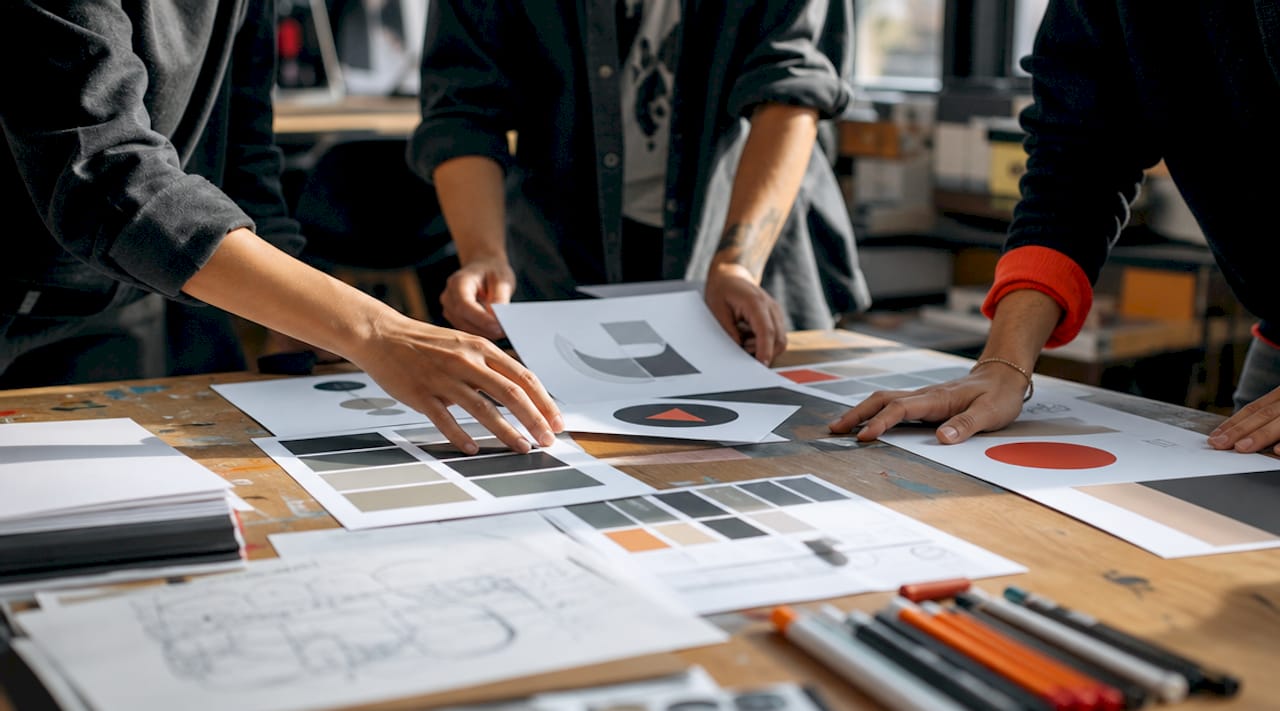 Hands working on brand visual identity elements