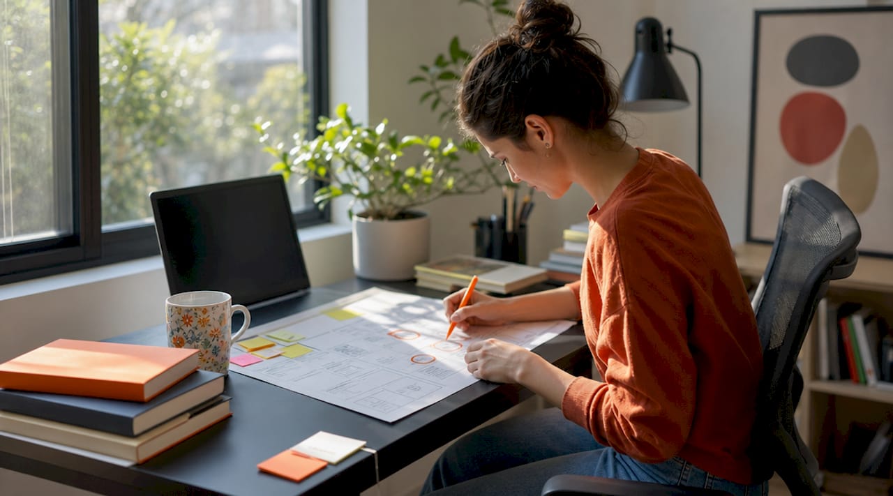 Hands marking checkout optimization wireframe on table