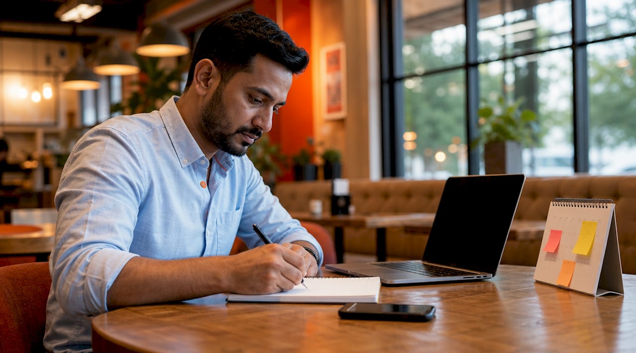 Coach taking notes next to laptop and calendar
