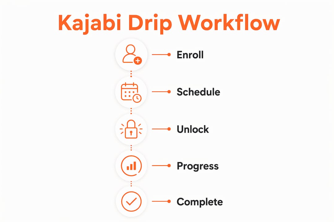 Infographic showing Kajabi drip content workflow steps